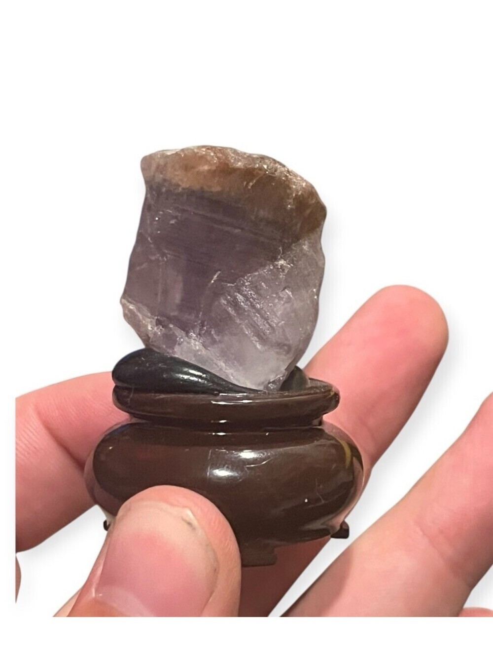 Purple Fluorite Crystal Specimen on Carved Wood Display Stand